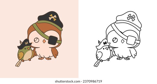 Cute Halloween Owl Illustration and For Coloring Page. Cartoon Clip Art Halloween Forest Bird. Cute Vector Illustration of a Kawaii Halloween Animal in a Pirate Costume. 