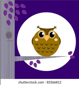 Cute Halloween Owl on Tree Branch with full moon behind. Halloween Owl during Midnight. Vector cartoon Illustration.