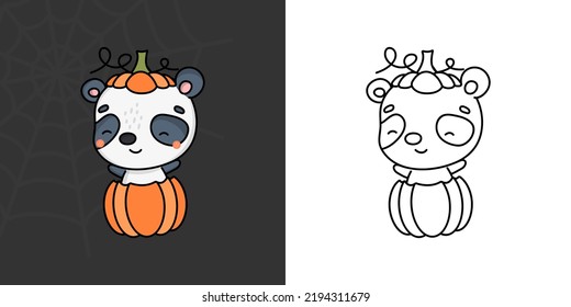 Cute Halloween Panda Clipart Illustration and Black and White. Funny Clip Art Halloween Bear. Cute Vector Illustration of a Kawaii Halloween Animals Inside a Pumpkin.
