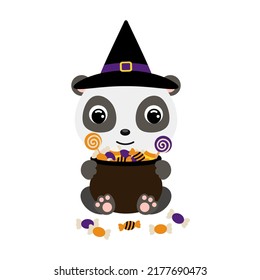 Cute Halloween panda in witch hat holding a pot with candies. Cartoon animal character for kids t-shirts, nursery decoration, baby shower, greeting card, invitation. Vector stock illustration