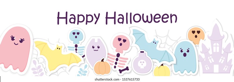 Cute Halloween Paper cut banner. Flat style icons. Happy Halloween Lettering. Simple Girl and Boy Ghost Emoji, pumpkin, skull, skeleton. Funny web header, baby layout, applique. Vector Illustration