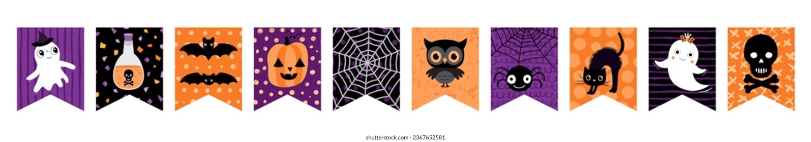 Cute Halloween Party Bunting Garland Decoración, Spooky Holiday Banner Design with Ghost, Pumpkin, Bat and Spider in Orange, Black and Purple for Kids Designs and Invit Backups