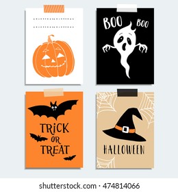 Cute Halloween party cards, invitations. Pumpkin, ghost, bat, witch hat.  Hand drawn vector illustration backgrounds