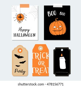 Cute Halloween party cards, invitations. Paper gift tags. Pumpkin, spider, bat.  Hand drawn vector illustration backgrounds