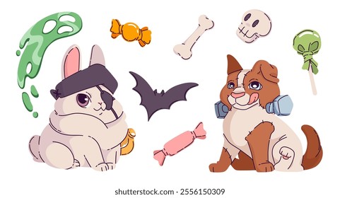 Cute halloween party costume for animal character. Spooky pirate rabbit for autumn carnival, skeleton bone and creepy skull isolated cartoon drawn. Monster puppy dressed for fall holiday. Candy treat