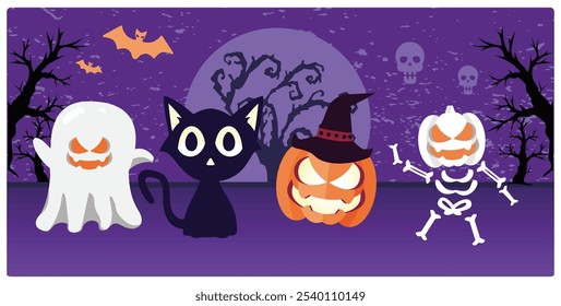 Cute Halloween party costume. Ghosts, cats, pumpkins and skulls. Halloween concept. Flat vector illustration.