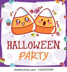 Cute Halloween Party illustration with cute candy corn candy characters. Hand drawn art for Halloween in cartoon style. Design for greeting card, decoration, poster, banner