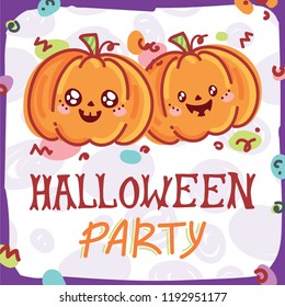 Cute Halloween Party illustration with smiling pumpkin characters. Hand drawn art for Halloween in cartoon style. Design for greeting card, decoration, poster, banner