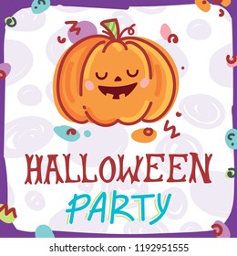 Cute Halloween Party illustration with cute smiling pumpkin characters. Hand drawn art for Halloween in cartoon style. Design for greeting card, decoration, poster, banner