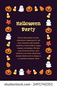 Cute Halloween party invitation card frame template. Rectangle Halloween border design with cartoon ghost, jack o lantern, pumpkins, candy corn. Social media banner vector illustration