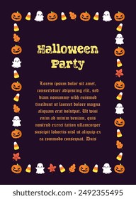 Cute Halloween party invitation card frame template. Rectangle Halloween border design with cartoon ghost, jack o lantern, pumpkins, candy corn. Social media banner vector illustration