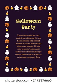 Cute Halloween party invitation card frame template. Rectangle Halloween border design with cartoon ghost, jack o lantern, pumpkins, candy corn. Social media banner vector illustration