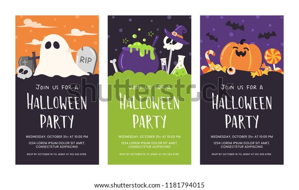 Cute Halloween Party Invitation Card Set Stock Vector (Royalty Free ...