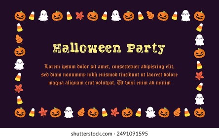 Cute Halloween party invitation frame template. Rectangle Halloween border design with cartoon ghost, jack o lantern, pumpkins, candy corn. Social media banner vector illustration