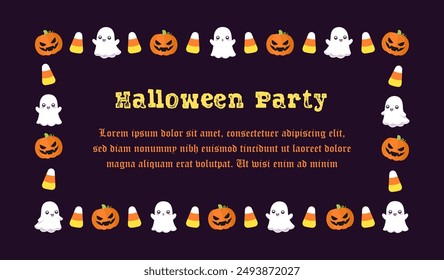 Nette Halloween Party Einladung Frame Vorlage. Rechteck Halloween Rand Design mit Cartoon Geist, Jack oder Laterne, Kürbisse, Zuckermais. Social Media Banner Vektorillustration