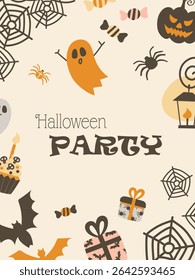 Cute Halloween party invitation with pumpkin. Pumpkin, gifts and decoration. Hand-drawn vector illustration in flat style.