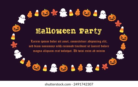 Cute Halloween Party invitation template. Oval Halloween frame border design with cartoon ghost, jack o lantern, pumpkins, candy corn. Social media banner vector illustration