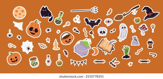 Cute Halloween party items flat vector illustration sticker pack. Children spooky holiday ornament colorful icons on orange background