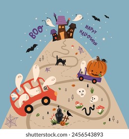 Lindo mapa de la fiesta de Halloween. Afiche divertido con calabaza feliz de Vector, camión, fantasmas espeluznantes en autobús, esqueleto, casa embrujada, gato negro, lápida, murciélago. Invitación de vacaciones de octubre, tarjeta, ilustración infantil.