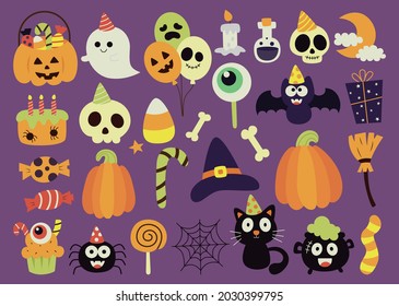 Cute halloween party on purple background. vector illustration.