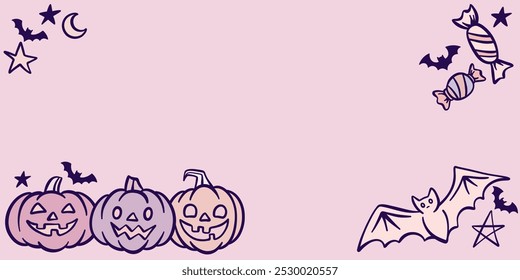 Cute Halloween pastel pink frame design, cartoon doodle background, adorable kids party invitation or greeting template, pumpkin faces and candy wallpaper vector design