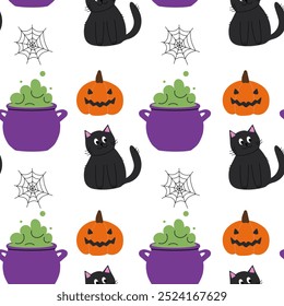 Cute Halloween patern. Seamless pattern with  black cat, web, pumpkin and potion pot.
