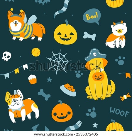 Cute halloween pattern with adorable dogs in costume. Seamless vector halloween print for kids.