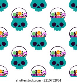 cute halloween pattern of basket skull with candies, vector illustration isolated on white background