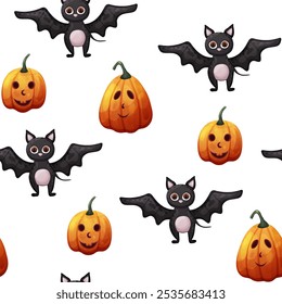 Cute Halloween pattern with bat and pumpkins. Vector holiday illustration