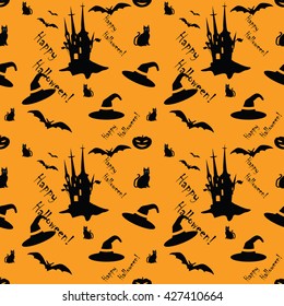 Cute Halloween pattern with castle, bats and hats and cats, for fabric, wrapping paper,etc. Print colors used.