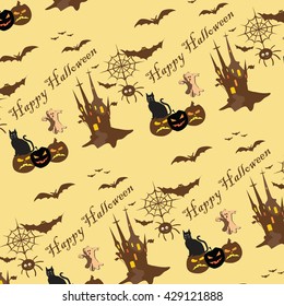 Cute Halloween pattern with castle, bats and hats and cats, for fabric, wrapping paper,etc. Print colors used.