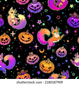 cute halloween pattern with colorful pumpkins and cats