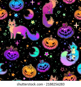 cute halloween pattern with colorful pumpkins and cats