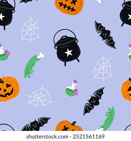 Cute Halloween pattern design with kid ghosts, pumpkins, skulls print. Seamless repeating holiday background with phantoms, spooks. Endless Helloween texture. Colored flat graphic vector illustration