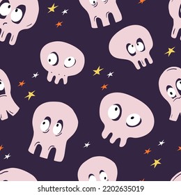 Diseño de patrones de Halloween con calaveras y estrellas. Repitiendo el fondo de las vacaciones sin igual con graciosos sabios. Una textura inagotable. Impresión vectorial infantil sobre fondo morado