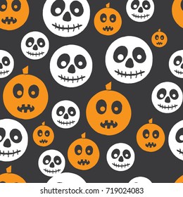 Cute Halloween pattern with cute doodle pumpkin and skeleton and dark in the background