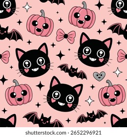 A cute Halloween pattern featuring black cats with hearts on their cheeks, smiling pumpkins, black bats with wings, and pink bows scattered across a light pink background.