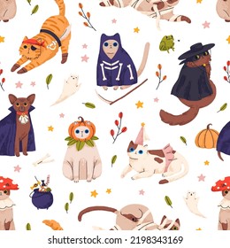 Cute Halloween pattern with funny cats in dracula, vampire costumes. Seamless background with kitty repeating print. Pets Helloween holiday texture design. Colored flat graphic vector illustration