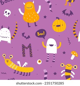 Helles Halbkuppelmuster mit lustigen Monstern und Kürbissen. Nahtlose Vektorhalloween-Druck für Kindertextilien.