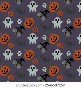 Cute Halloween pattern with ghost bats, pumpkins on dark background. Vector flying Halloween characters, cartoon kittens spirit.