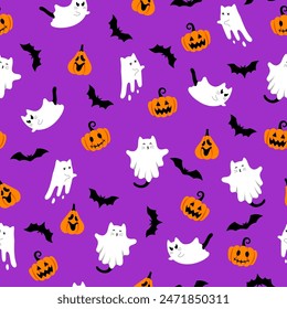 Cute halloween pattern with ghost cats, bats, pumpkins on violet background. Vector flying Halloween characters, cartoon kittens spirit. Kawaii ghost print for fabric texture, greeting, wrapping paper