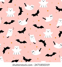 Lindo patrón de Halloween con gatos fantasmas, murciélagos, estrellas sobre fondo rosa. Vector volando personajes de Halloween, gatitos de dibujos animados espíritu. Impresión fantasma de Kawaii para la textura de la tela, tarjeta de felicitación, papel de embalaje