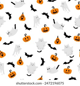 Cute halloween pattern with ghost cats, bats, pumpkins on white background. Vector flying Halloween characters, cartoon kittens spirit. Kawaii ghost print for fabric texture, greeting, wrapping paper