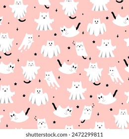 Lindo patrón de Halloween con gatos fantasmas y estrellas sobre fondo rosa. Vector volando personajes de Halloween, gatitos de dibujos animados espíritu. Impresión fantasma Kawaii para textura de tela, papel de embalaje, tarjeta de felicitación.