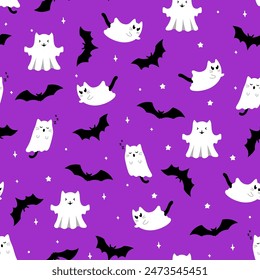 Cute halloween pattern with ghost cats and bats on violet background. Vector flying Halloween characters, cartoon kittens spirit. Kawaii ghost print for fabric texture, wrapping paper, greeting card