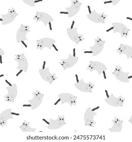 Cute halloween pattern with ghost cats on white background. Vector flying Halloween characters, cartoon kittens spirit. Kawaii ghost print for fabric texture, wrapping paper, greeting card.
