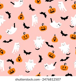 Cute halloween pattern with ghost cats, bats, pumpkins on pink background. Vector flying Halloween characters, cartoon kittens spirit. Kawaii ghost print for fabric texture, decoration, wrapping paper