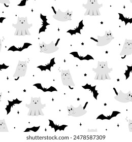 Cute halloween pattern with ghost cats, bats, stars on white background. Vector flying Halloween characters, cartoon kittens spirit. Kawaii ghost print for fabric texture, wrapping, greeting card.