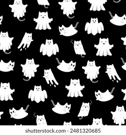 Lindo patrón de Halloween con gatos fantasmas y estrellas sobre fondo negro. Vector volando personajes de Halloween, gatitos de dibujos animados espíritu. Impresión fantasma Kawaii para textura de tela, papel de embalaje, tarjeta de felicitación.