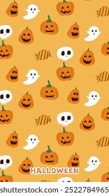 Padrão de halloween bonito com fantasma, abóboras, candys no fundo laranja. Personagens de Halloween vetor, desenho animado para textura de tecido, decoração, papel de embrulho